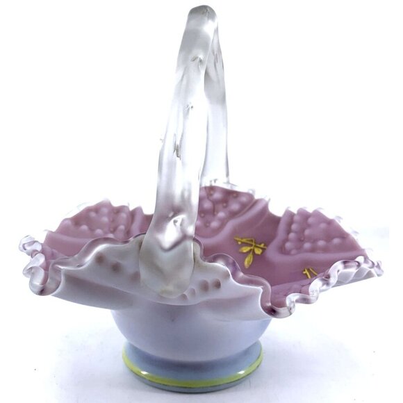 Brides Basket Glass Antique Victorian Enamel Floral Purple Satin Bowl 7" x 7" - Picture 6 of 8